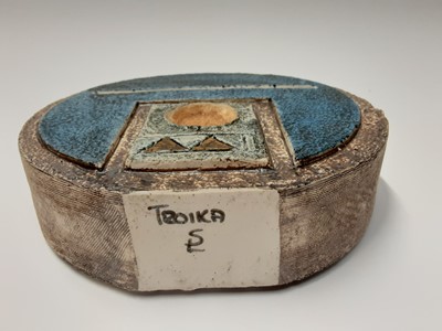 Lot 161 - Troika wheel vase with abstract decoration on brown and blue ground, 19.5cm high, 20cm wide