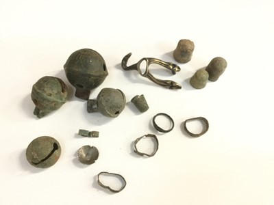 Lot 42 - Group of metal detecting finds to include crotal bells, thimbles and rings