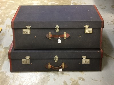 Lot 108 - Fine pair 1930s motoring suitcases in blue canvas with scarlet leather borders and chrome fittings , 96 cm wide