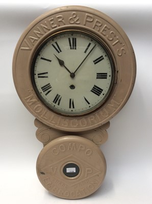 Lot 1119 - Late 19th/Early 20th century American Baird Clock Co. advertising drop dial wall clock 'Vanner & Prest's' "Molliscorium" 'Compo Embrocation'. Approximately 80cm