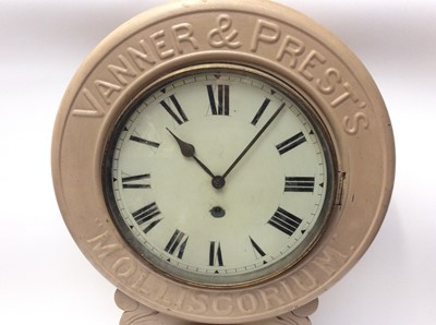Lot 1119 - Late 19th/Early 20th century American Baird Clock Co. advertising drop dial wall clock 'Vanner & Prest's' "Molliscorium" 'Compo Embrocation'. Approximately 80cm