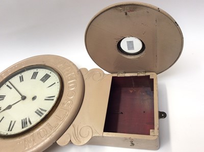Lot 1119 - Late 19th/Early 20th century American Baird Clock Co. advertising drop dial wall clock 'Vanner & Prest's' "Molliscorium" 'Compo Embrocation'. Approximately 80cm