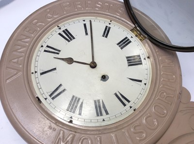 Lot 1119 - Late 19th/Early 20th century American Baird Clock Co. advertising drop dial wall clock 'Vanner & Prest's' "Molliscorium" 'Compo Embrocation'. Approximately 80cm