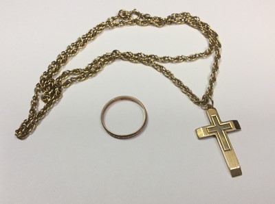 Lot 500 - 9ct gold cross pendant on chain and 9ct gold wedding ring