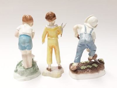 Lot 202 - Five Royal Worcester figures - Young Farmer 3433, The Parakeet 3087, Saturday's child works hard for a living 3262, Rosie Picking Apples and See-Saw