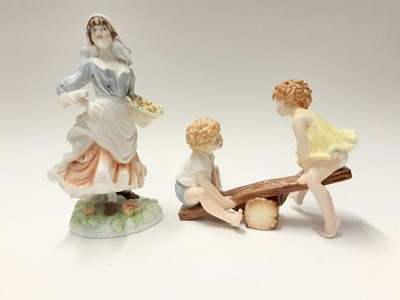 Lot 202 - Five Royal Worcester figures - Young Farmer 3433, The Parakeet 3087, Saturday's child works hard for a living 3262, Rosie Picking Apples and See-Saw