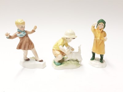 Lot 203 - Seven Royal Worcester figures - Three's Company, The Slide, Katie, Fisherman, Snowball, Christopher and Let's Run