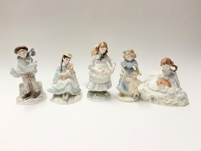 Lot 204 - Five Coalport figures - Childhood Joy's, The Boy, Best Friends, Girls with Teddy and History of Costumes Stuart - James I Period with certificate, plus a Royal Worcester figure - Safe at Last (6)