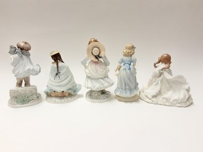 Lot 204 - Five Coalport figures - Childhood Joy's, The Boy, Best Friends, Girls with Teddy and History of Costumes Stuart - James I Period with certificate, plus a Royal Worcester figure - Safe at Last (6)