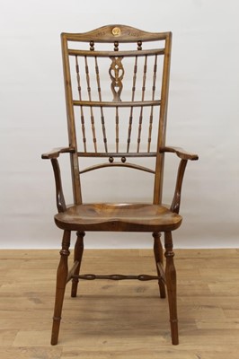 Lot 1452 - 19th century style fruitwood high backed Mendlesham chair, produced for Queen Elizabeth’s Golden Jubilee