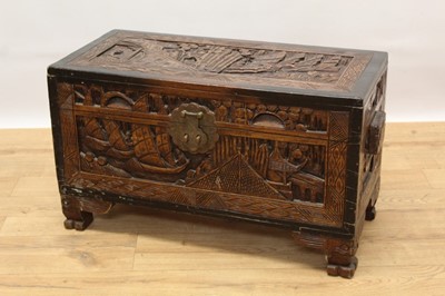 Lot 1379 - Small Chinese relief carved camphor blanket box