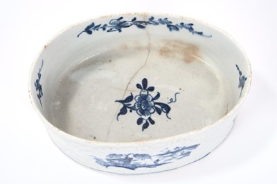 Lot 1 - Lowestoft oval potting pot, with moulded florets alternating with scrolled panels painted in blue with a fisherman beneath a willow tree