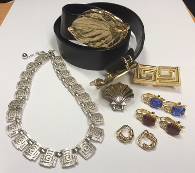 Lot 502 - Pair Christian Dior gilt metal clip on hoops earrings, Trifari necklace and two pairs of Trifari paste set clip on earrings, Mimi D gilt metal belt buckle, Mimi D shell buckle and Mimi D belt with...
