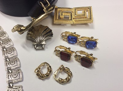 Lot 502 - Pair Christian Dior gilt metal clip on hoops earrings, Trifari necklace and two pairs of Trifari paste set clip on earrings, Mimi D gilt metal belt buckle, Mimi D shell buckle and Mimi D belt with...
