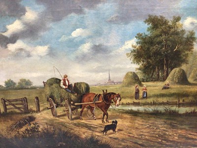 Lot 180 - Attributed to William Henry Banks Davis, oil on canvas, harvesting scene with figures, inscribed in ink to stretcher