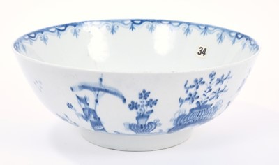 Lot 4 - Rare Lowestoft bowl, of shallow form painted in soft blue with a lady holding a parasol and a sprig of flowers, two large urns to her right both containing the flowers, th larger with what looks li...