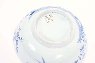Lot 4 - Rare Lowestoft bowl, of shallow form painted in soft blue with a lady holding a parasol and a sprig of flowers, two large urns to her right both containing the flowers, th larger with what looks li...