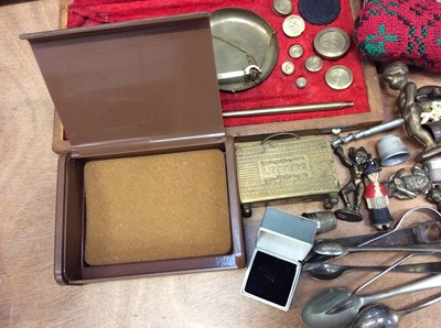 Lot 58 - Set of postal scales in wooden case, together with Cromwell series cigarette cards in album, thimbles and sundries