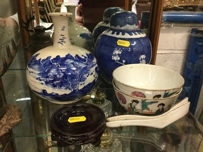 Lot 459 - Japanese porcelain vase with blue and white decoration, together with a Chinese ginger jar with prunus decoration and other oriental ceramics