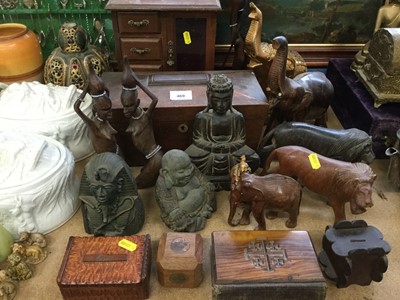 Lot 469 - 19th Century Mahogany Tea caddy together with Olivewood covered Bible and group of carved wood animal figures