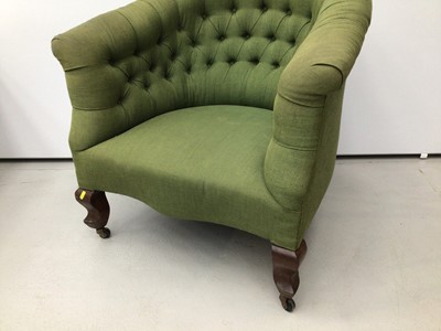 Lot 5 - Early 20th century button upholstered tub chair, green upholstery on cabriole legs