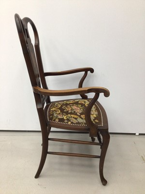 Lot 6 - Edwardian marquetry inlaid elbow chair, together with a Regency mahogany dining chair and pair of Victorian beech and caned side chairs. (4)