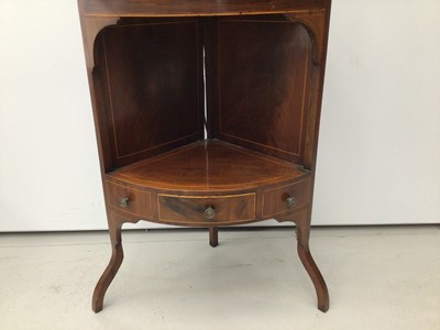 Lot 9 - 19th century inlaid mahogany corner cupboard, standing on bowfronted base, adapted from a corner washstand