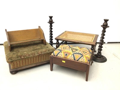 Lot 23 - Victorian square upholstered stool, together with two further stools, pair of oak twist candlesticks and oak book stand