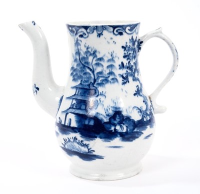 Lot 24 - Lowestoft coffee pot, of small size, painted in blue with an elaborate Chinoiserie scene of tall pagoda and trees, reverse with a simpler island landscape, 14cm high