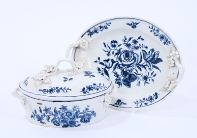 Lot 26 - Lowestoft butter tub, cover and stand, of oval form with twig handles applied with flower and leaf terminals, printed in blue with scattered floral sprays and sprigs, stand 19.3cm wide