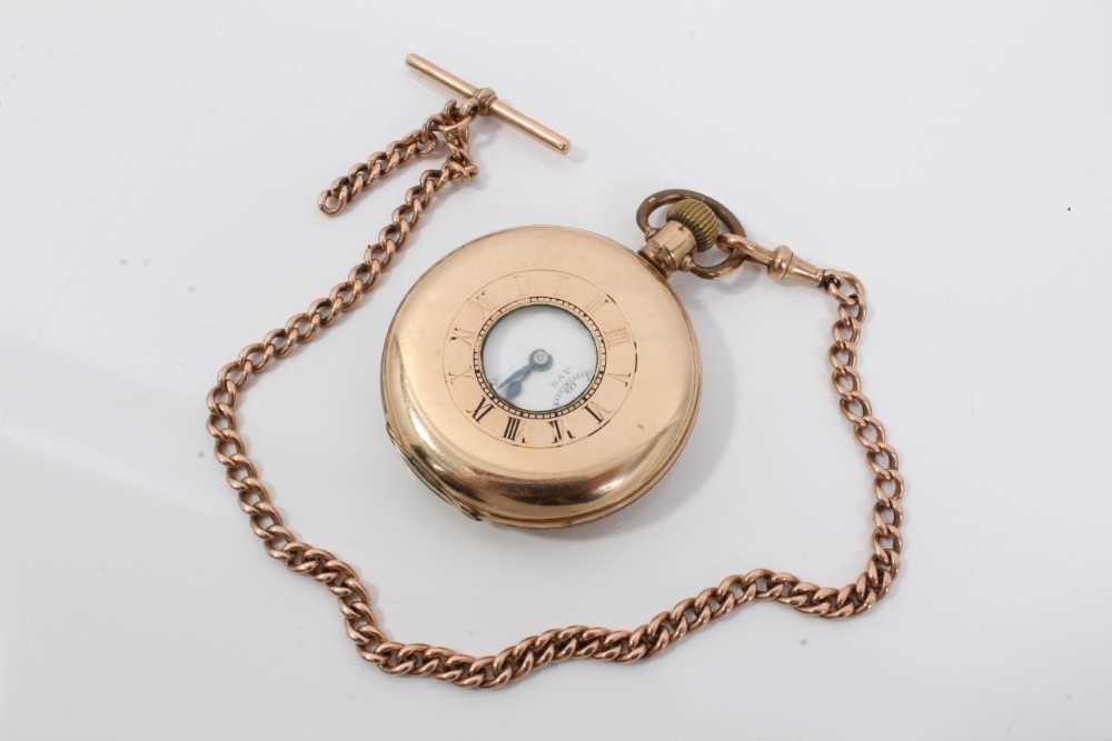 Lot 557 - Edwardian 9ct rose gold curb link watch chain together with a gold plated half hunter pocket watch
