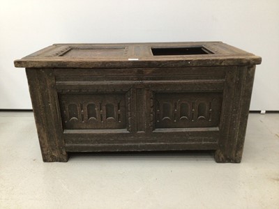 Lot 44 - Small 17th century oak coffer, with dual panel hinged lid and arcade carved front on stiles, the interior with lidded candle box, 94cm wide x 55cm deep x 43cm high