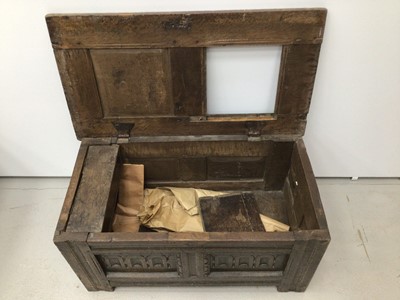 Lot 44 - Small 17th century oak coffer, with dual panel hinged lid and arcade carved front on stiles, the interior with lidded candle box, 94cm wide x 55cm deep x 43cm high