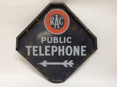 Lot 1209 - Vintage RAC 'Public Telephone' enamel sign, with right directional arrow, 65 x 65 cm overall
