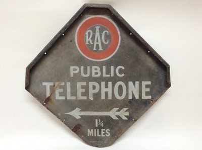 Lot 1206 - Vintage RAC 'Public Telephone 1 1/4 Miles' double sided enamel sign, 65 x 65 cm overall