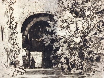 Lot 1305 - Alfred East etching gateway, together with three further etchings, 19th century watercolour of Canterbury, map, watercolour portrait by W. Cubit Cooke and a photographic print