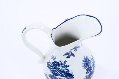 Lot 36 - Lowestoft ewer, of pear shape with a high scrolled handle, printed in blue with the Fence pattern, crescent mark, 14cm high