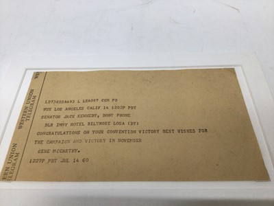 Lot 904 - Group of Five Western Union Telegrams to John F. Kennedy, including from Senator Ed Muskie, Luther Hodges and Orville L. Freeman, Provenance: Purchased from Guernseys Kennedy Era Sale in October 2017