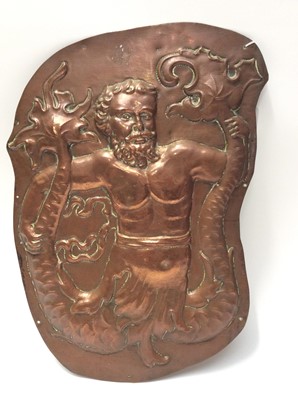 Lot 1095 - Arts and Crafts Copper Plaque with decoration in relief depicting Neptune, 45.5 x 31cm