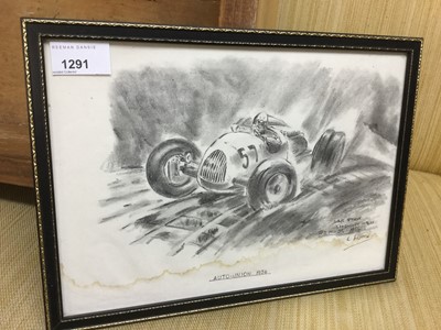 Lot 1291 - L. Wotton, pencil study of a 1930's Auto Union Racing car with annotation 'Hans Stuck, Shelsley Walsh, H J Moser 1936, in glazed frame, 29 x 20cm