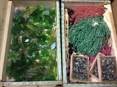 Lot 528 - Collection of vintage micro beads, glass beads, green glass leaves, paste set buckles, antique jewellery parts and bijouterie