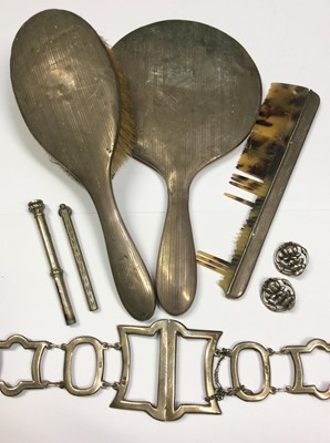Lot 529 - Late Victorian silver belt, three piece silver backed dressing table items, two propelling pencils and two silver floral buttons
