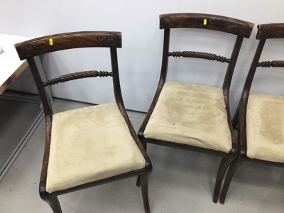 Lot 71 - Set of four rosewood grained beech dining chairs, each with rope twist back and slip in seat on sabre legs