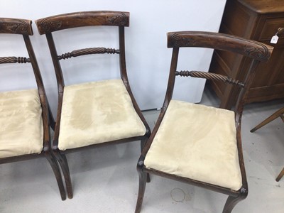 Lot 71 - Set of four rosewood grained beech dining chairs, each with rope twist back and slip in seat on sabre legs