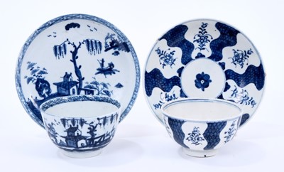 Lot 43 - Two sets of Lowestoft tea bowls and saucers, the first painted in blue with the Robert Browne pattern, saucer 11.8cm diameter, and the second painted in blue with a pagoda by a willow tree within a...