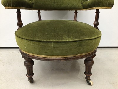 Lot 86 - Victorian mahogany tub chair, green upholstery on fluted legs and castors