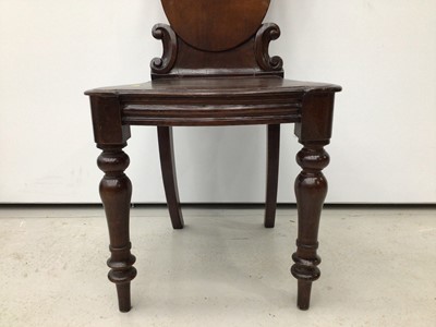 Lot 88 - Victorian mahogany hall chair with spoon shaped back, together with a George III mahogany elbow chair, Victorian carved oak side chair, two tier Victorian dumb waiter and two tier jardiniere stand....