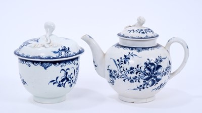 Lot 45 - Lowestoft Mansfield pattern teapot and sucrier, both with flower finials, the teapot of globular form with crescent mark and 13.3cm high, the sucrier 12.3cm high