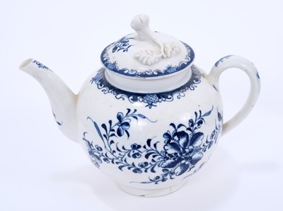 Lot 45 - Lowestoft Mansfield pattern teapot and sucrier, both with flower finials, the teapot of globular form with crescent mark and 13.3cm high, the sucrier 12.3cm high
