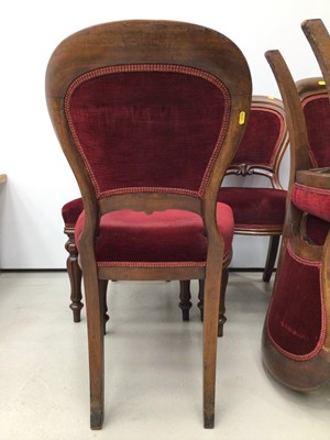 Lot 93 - Set of six Victorian Scottish mahogany balloon back dining chairs upholstered in red velvet with polished mahogany frame, padded backs and seats on carved baluster turned legs